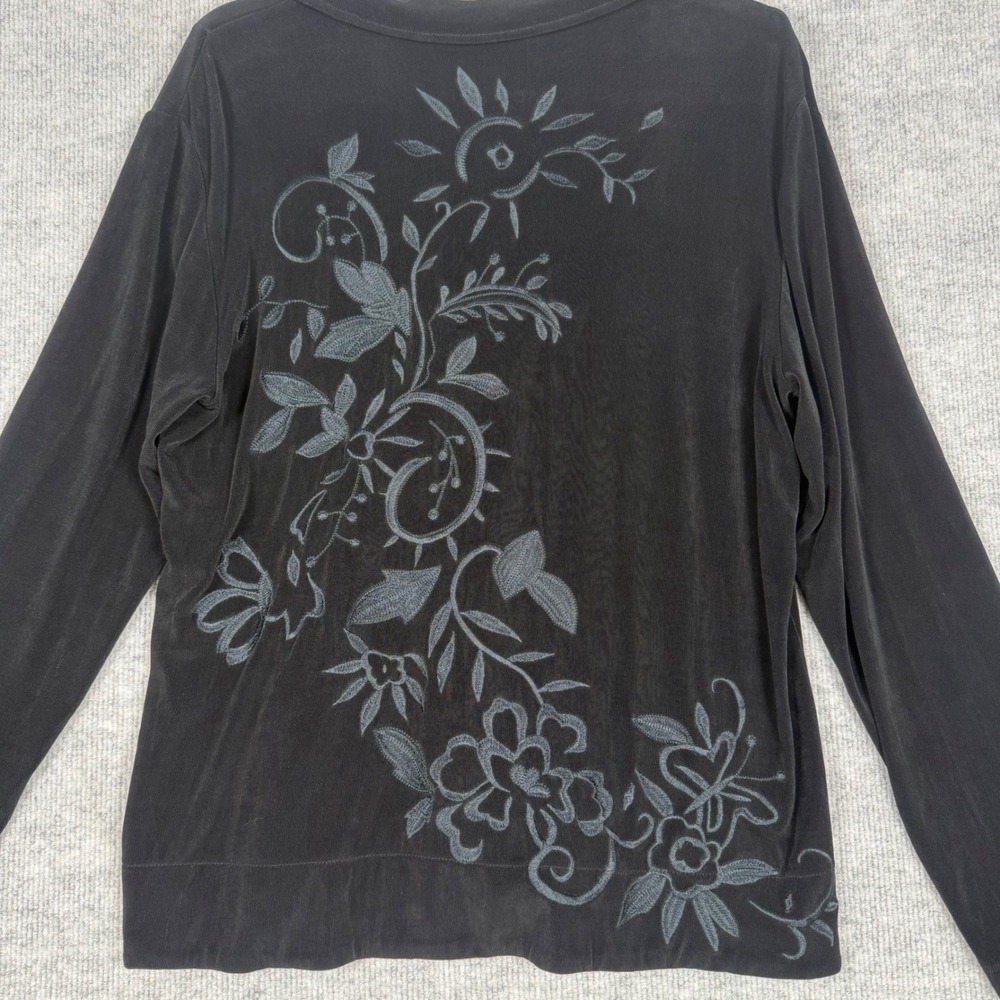Vintage Chicos Travelers Size-2 Cardigan Black Ribbed Floral Embroidered
